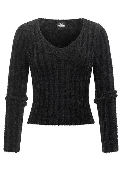Styleboom Fashion Dames korte fluffy trui met v-hals imitatiebont stof zwart