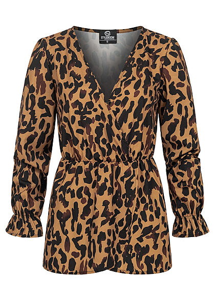 Styleboom Fashion Dames blouse in gewikkelde look met een elastische taille en manchetten camel bruin