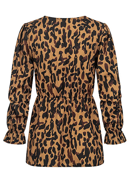 Styleboom Fashion Dames blouse in gewikkelde look met een elastische taille en manchetten camel bruin