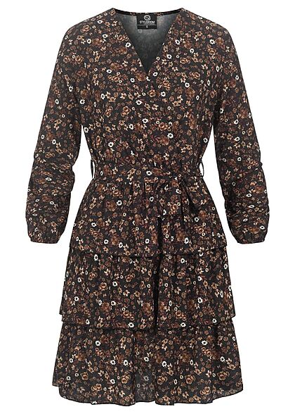 Styleboom Fashion Dames Jurk in gewikkelde look met v-hals en bloemenprint zwart en bruin