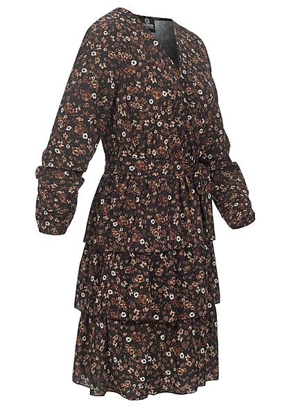 Styleboom Fashion Dames Jurk in gewikkelde look met v-hals en bloemenprint zwart en bruin