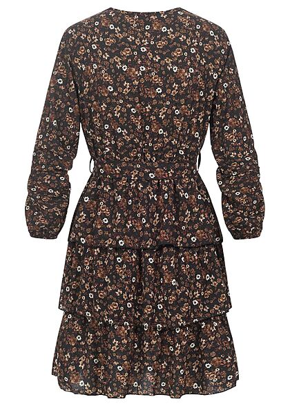 Styleboom Fashion Dames Jurk in gewikkelde look met v-hals en bloemenprint zwart en bruin