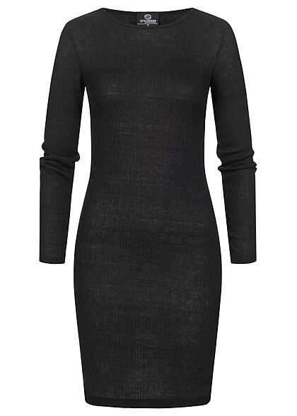 Styleboom Fashion Dames ribbel look jurk met lange mouwen zwart - Art.-Nr.: 21106913