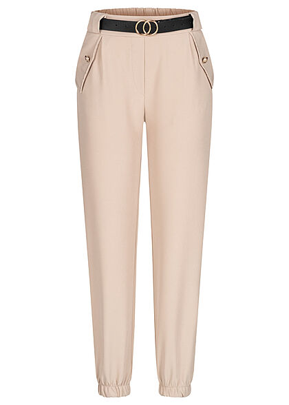Styleboom Fashion Dames Stoffen broek met 2 zakken in military look incl. riem beige - Art.-Nr.: 21106939