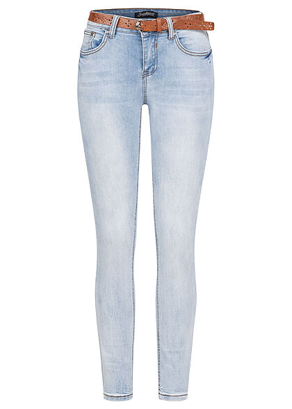 Seventyseven Lifestyle Dames skinnyjeans incl. riem 5 zakken denim lichtblauw