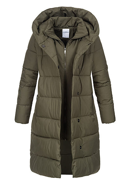 Seventyseven Lifestyle Dames gewatteerde Jas Winterjas lang model met capuchon en 2 zakken kaki
