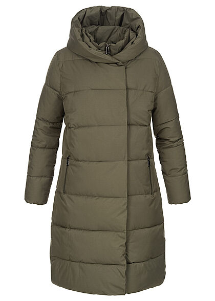 Seventyseven Lifestyle Dames gewatteerde Jas Winterjas lang model met capuchon en 2 zakken kaki