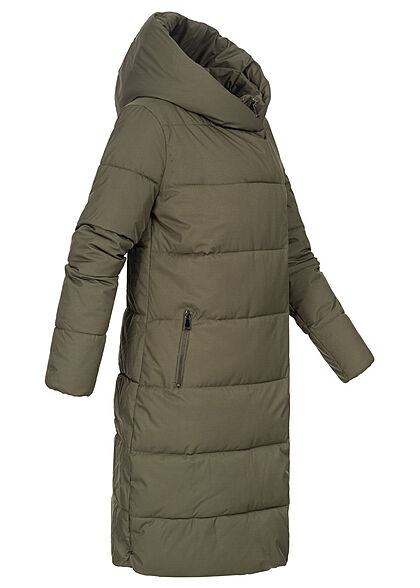 Seventyseven Lifestyle Dames gewatteerde Jas Winterjas lang model met capuchon en 2 zakken kaki