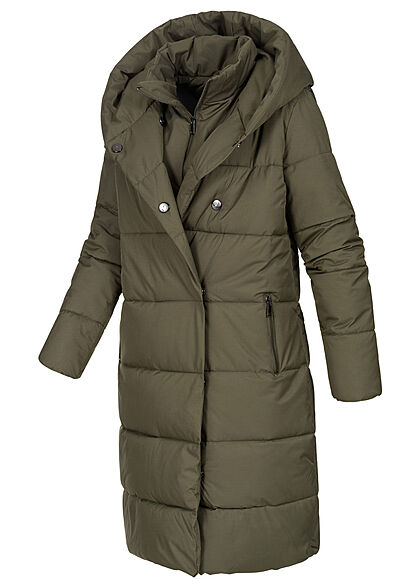 Seventyseven Lifestyle Dames gewatteerde Jas Winterjas lang model met capuchon en 2 zakken kaki
