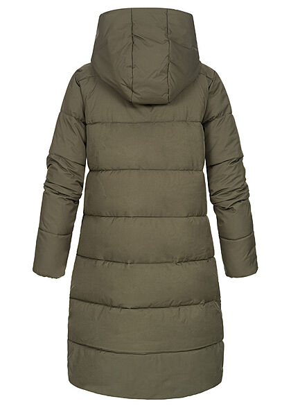 Seventyseven Lifestyle Dames gewatteerde Jas Winterjas lang model met capuchon en 2 zakken kaki