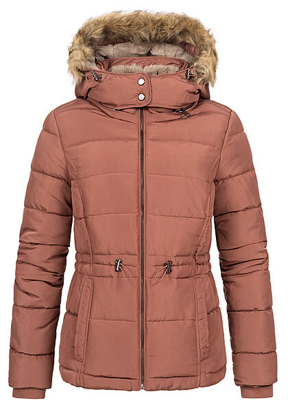 Seventyseven Lifestyle Dames Gewatteerde winterjas afneembare capuchon roze bruin
