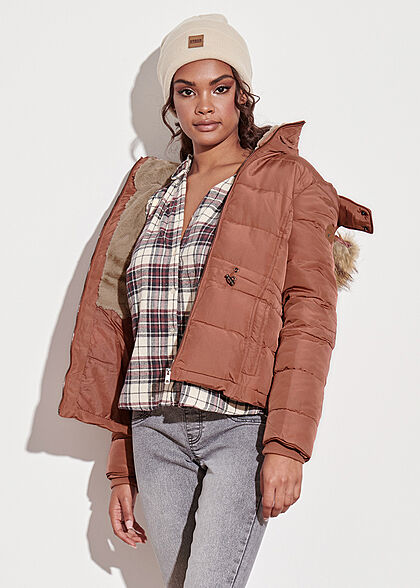 Seventyseven Lifestyle Dames Gewatteerde winterjas afneembare capuchon roze bruin