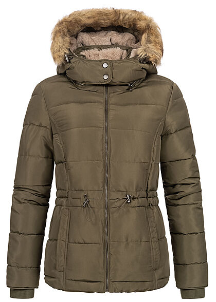 Seventyseven Lifestyle Dames gewatteerd winterjack met afneembare capuchon van imitatiebont kaki
