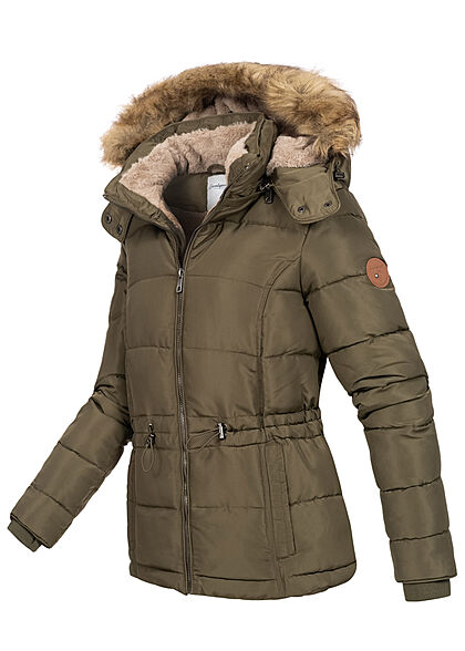 Seventyseven Lifestyle Dames gewatteerd winterjack met afneembare capuchon van imitatiebont kaki