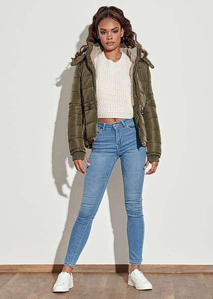 Seventyseven Lifestyle Dames gewatteerd winterjack met afneembare capuchon van imitatiebont kaki