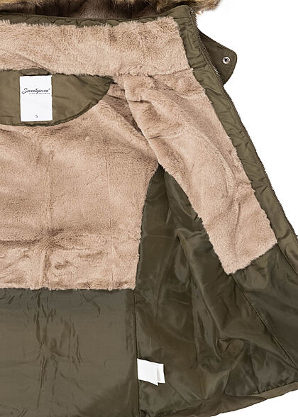Seventyseven Lifestyle Dames gewatteerd winterjack met afneembare capuchon van imitatiebont kaki