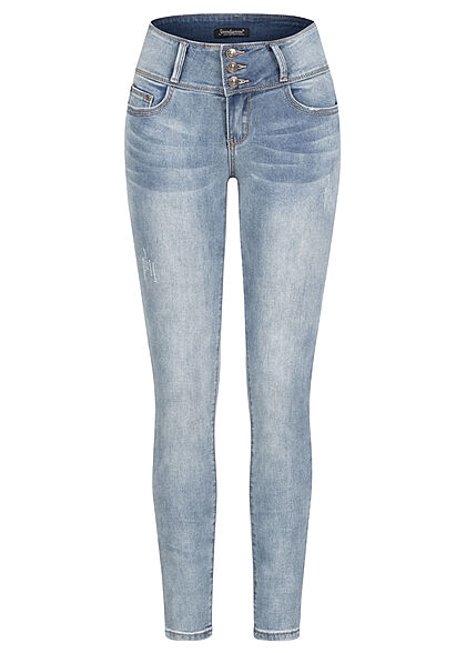 Seventyseven Lifestyle Dames skinny jeans met 5 zakken en 3 knopen lichtblauw