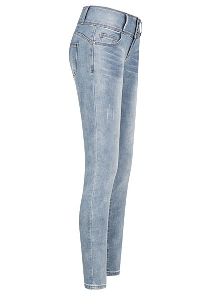 Seventyseven Lifestyle Dames skinny jeans met 5 zakken en 3 knopen lichtblauw