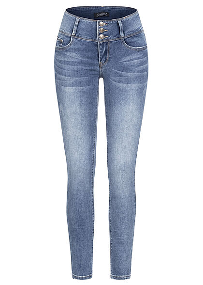 Seventyseven Lifestyle Dames skinny jeans met 5 zakken en 3 knopen marineblauw