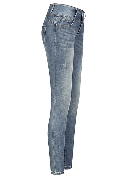 Seventyseven Lifestyle Dames skinny jeans met 5 zakken en 3 knopen dirty blue