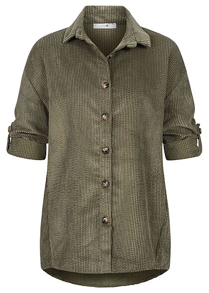 Hailys Dames Blouse met omslagmouwen en knopen fijn koordlook kaki