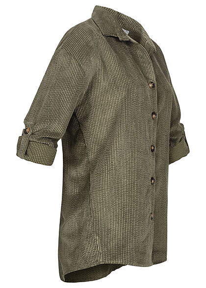 Hailys Dames Blouse met omslagmouwen en knopen fijn koordlook kaki