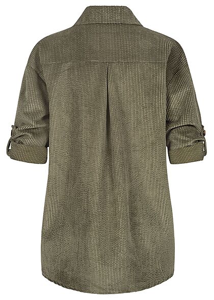 Hailys Dames Blouse met omslagmouwen en knopen fijn koordlook kaki