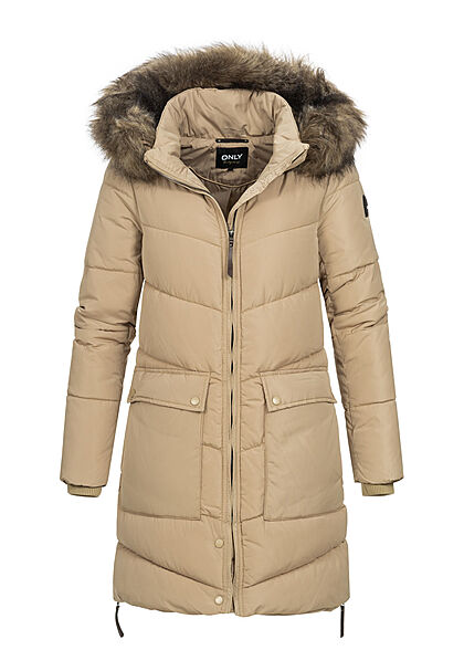 ONLY Damen Winter Steppmantel mit abnehmb. Kunstfellkapzue 2-Pockets crockery beige