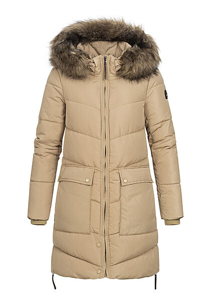 ONLY Damen Winter Steppmantel mit abnehmb. Kunstfellkapzue 2-Pockets crockery beige