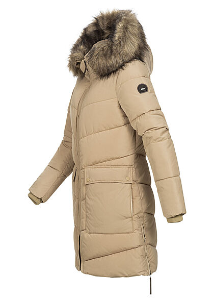 ONLY Damen Winter Steppmantel mit abnehmb. Kunstfellkapzue 2-Pockets crockery beige