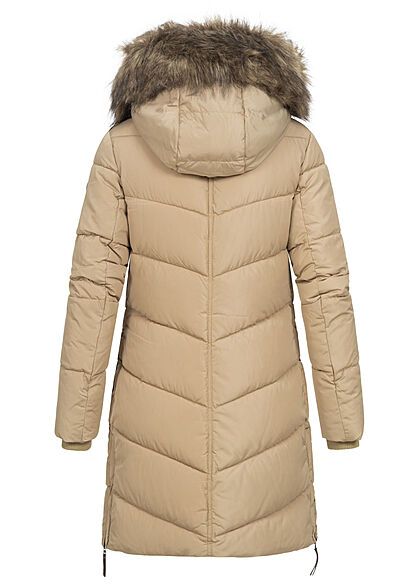 ONLY Damen Winter Steppmantel mit abnehmb. Kunstfellkapzue 2-Pockets crockery beige
