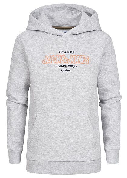 Jack and Jones Junior Hoodie met kangoeroezak en geborduurd logo op de voorkant lichtgrijs