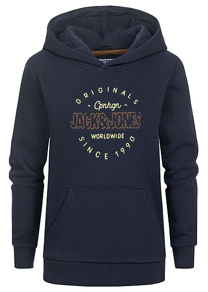 Jack and Jones Junior Hoodie met kangoeroezak en geborduurd logo op de voorkant marineblauw