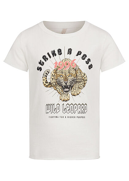 ONLY Kids Meisje T-Shirt met wilde leeuw glitter print wit beige