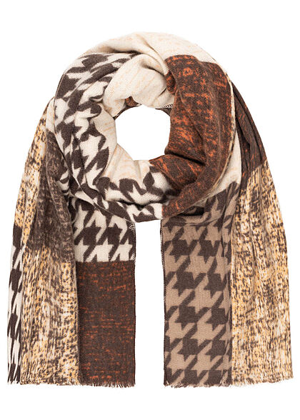 Seventyseven Lifestyle Dames viscose sjaal met pied-de-poule patroon 180x80cm coffee bruin - Art.-Nr.: 21110078