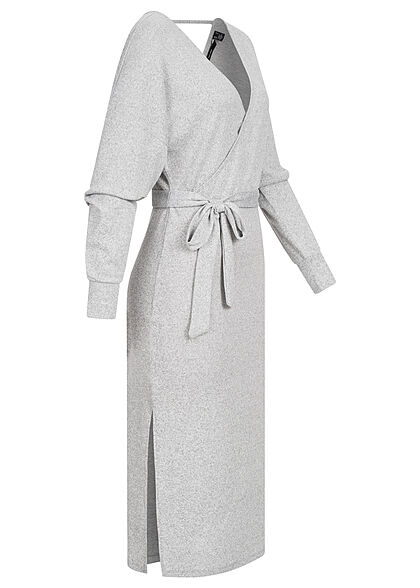 Vero Moda Dames lange vorm jurk met bindceintuur en v-hals lichtgrijs