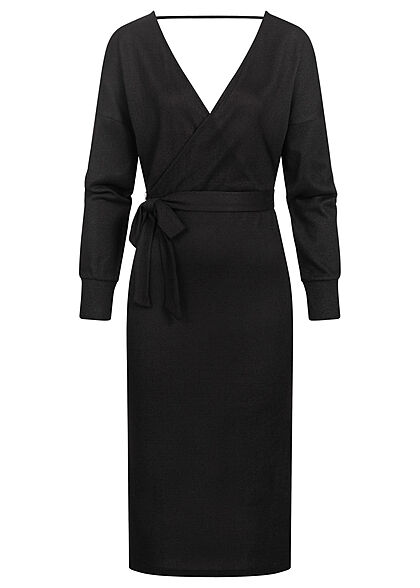 Vero Moda Dames lange vorm jurk met bindceintuur en v-hals zwart