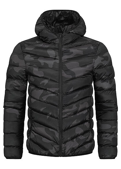 Brave Soul Heren gewatteerde jas met capuchon en 2 zakken zwart camo