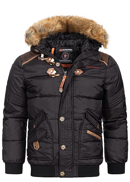 Geographical Norway Heren Gewatteerde winterjas met kap en 4 zakken zwart