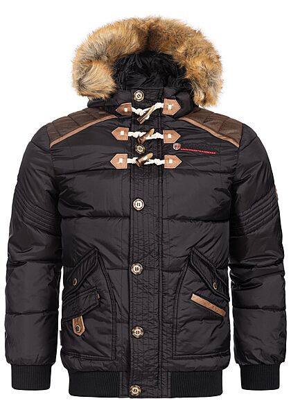Geographical Norway Heren Gewatteerde winterjas met kap en 4 zakken zwart