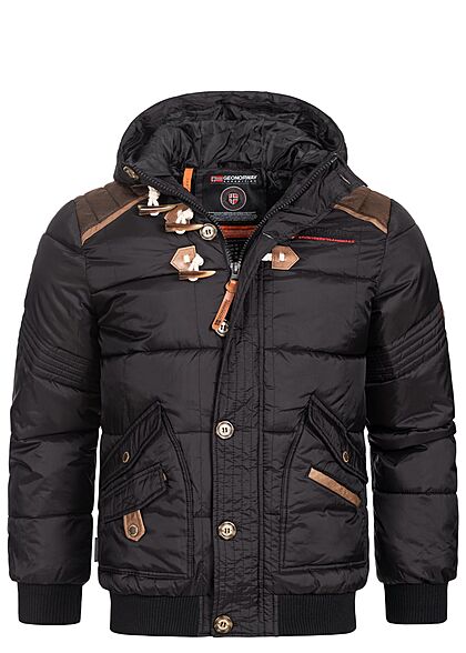 Geographical Norway Heren Gewatteerde winterjas met kap en 4 zakken zwart