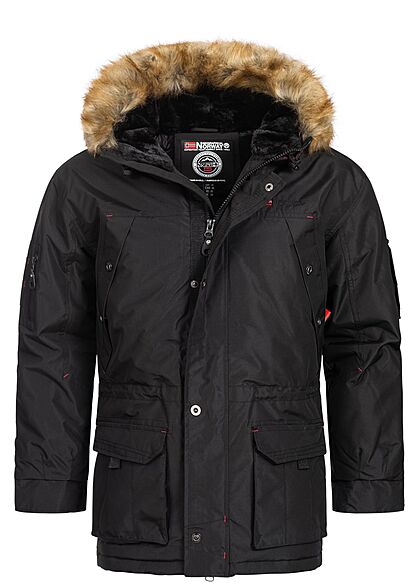 Geographical Norway Heren Winterjas met capuchon van imitatiebont en 7 zakken zwart