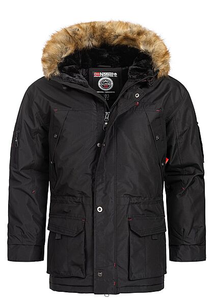 Geographical Norway Heren Winterjas met capuchon van imitatiebont en 7 zakken zwart - Art.-Nr.: 21110302