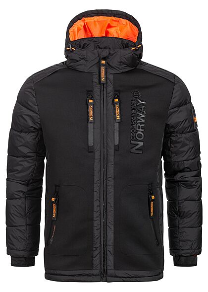 Geographical Norway Heren Gewatteerde winterjas met capuchon en 4 zakken materiaalmix zwart