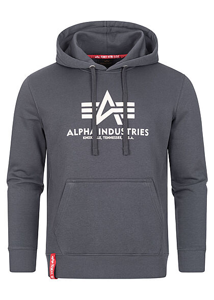 Alpha Industries Heren Basic Hoodie met logo-opdruk en voorzak grijs zwart