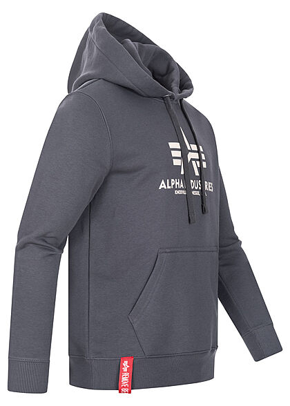 Alpha Industries Heren Basic Hoodie met logo-opdruk en voorzak grijs zwart