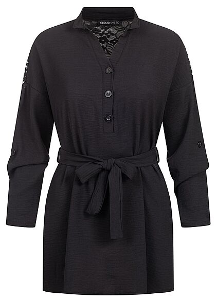 Cloud5ive Damen Turn-Up Kleid mit Bindedetail Tunika schwarz