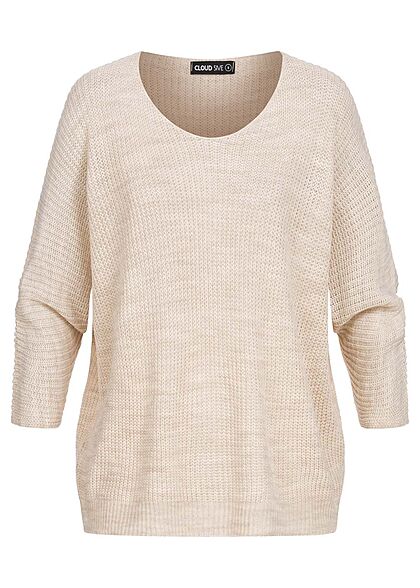 Cloud5ive Dames Trui met 7/8 vleermuismouwen en v-hals beige