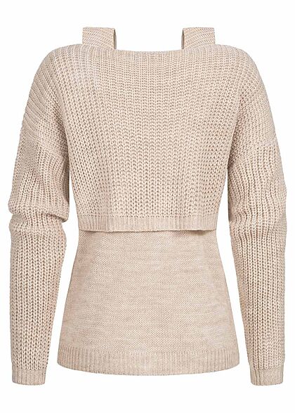 Cloud5ive Dames 2in1 Set gebreide top en kortgeknipte trui lichtbeige