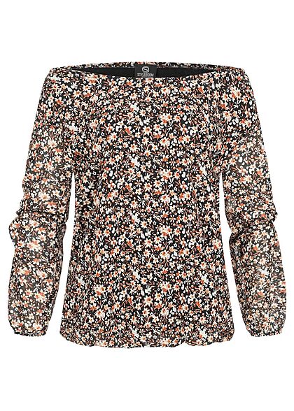 Styleboom Fashion Damen Off-Shoulder Bluse mit Blumen Print schwarz orange - Art.-Nr.: 21116957